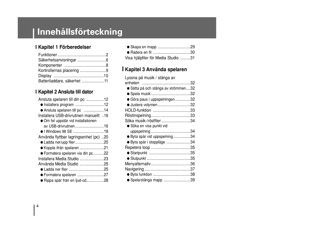 Samsung YP-U1Z/ELS, YP-U1X/ELS manual Innehållsförteckning 