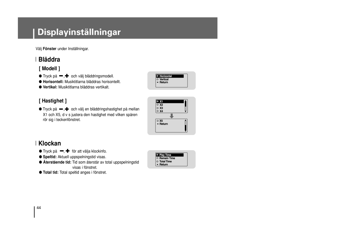 Samsung YP-U1Z/ELS, YP-U1X/ELS manual Displayinställningar, Bläddra, Klockan, Välj Fönster under Inställningar 