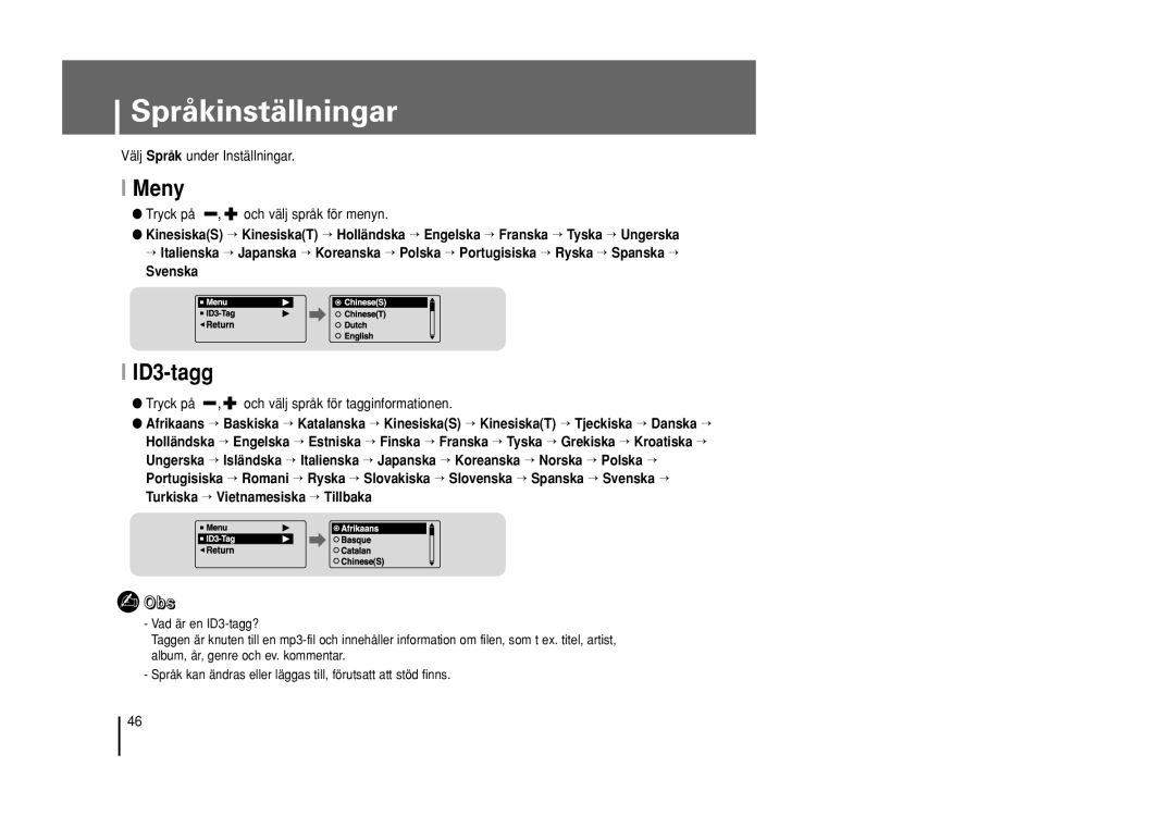 Samsung YP-U1Z/ELS, YP-U1X/ELS manual Språkinställningar, Meny, ID3-tagg 