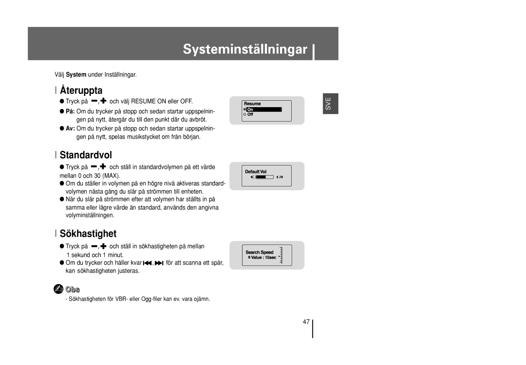 Samsung YP-U1X/ELS, YP-U1Z/ELS manual Systeminställningar, Återuppta, Standardvol, Sökhastighet 