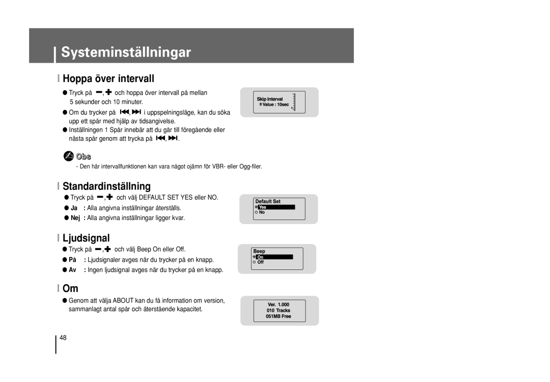 Samsung YP-U1Z/ELS manual Hoppa över intervall, Standardinställning, Ljudsignal, Tryck på , och välj Beep On eller Off 