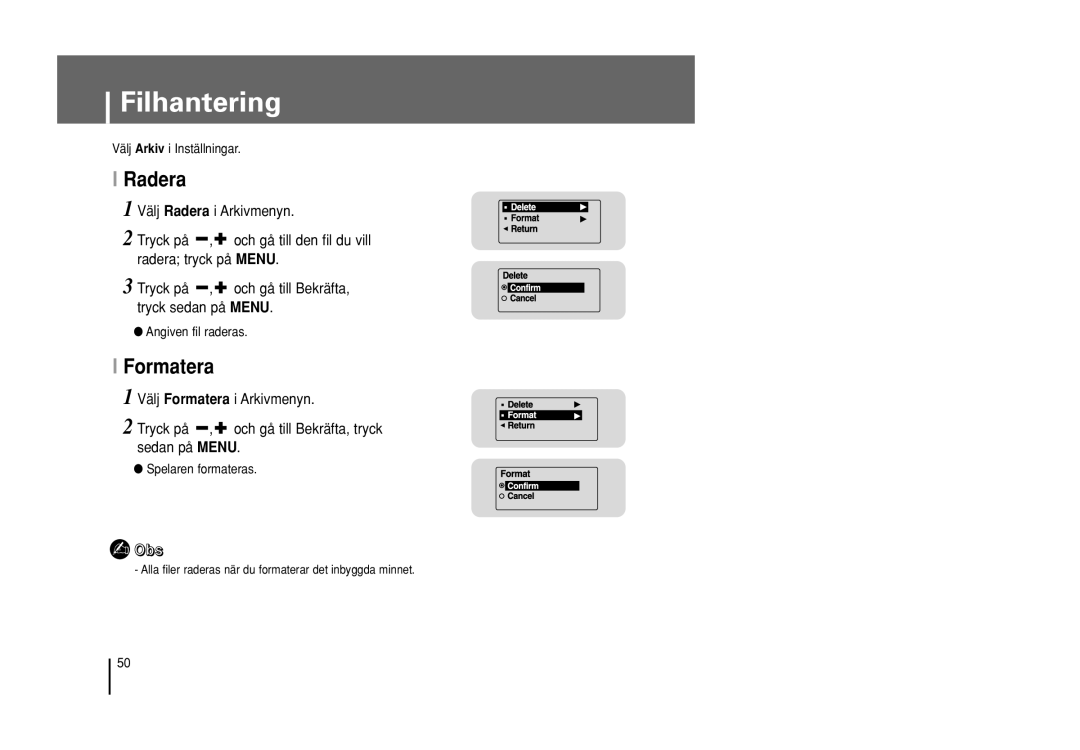 Samsung YP-U1Z/ELS, YP-U1X/ELS manual Filhantering, Radera, Formatera 