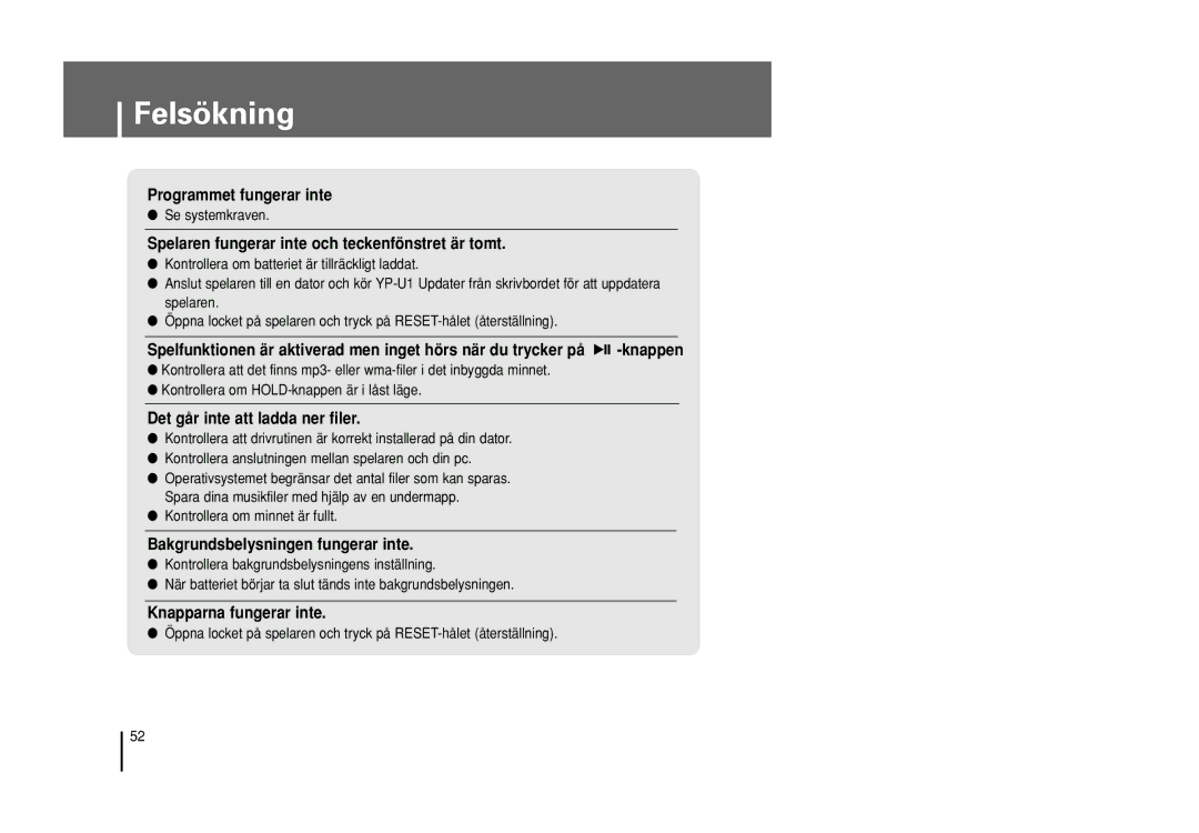 Samsung YP-U1Z/ELS, YP-U1X/ELS manual Felsökning 