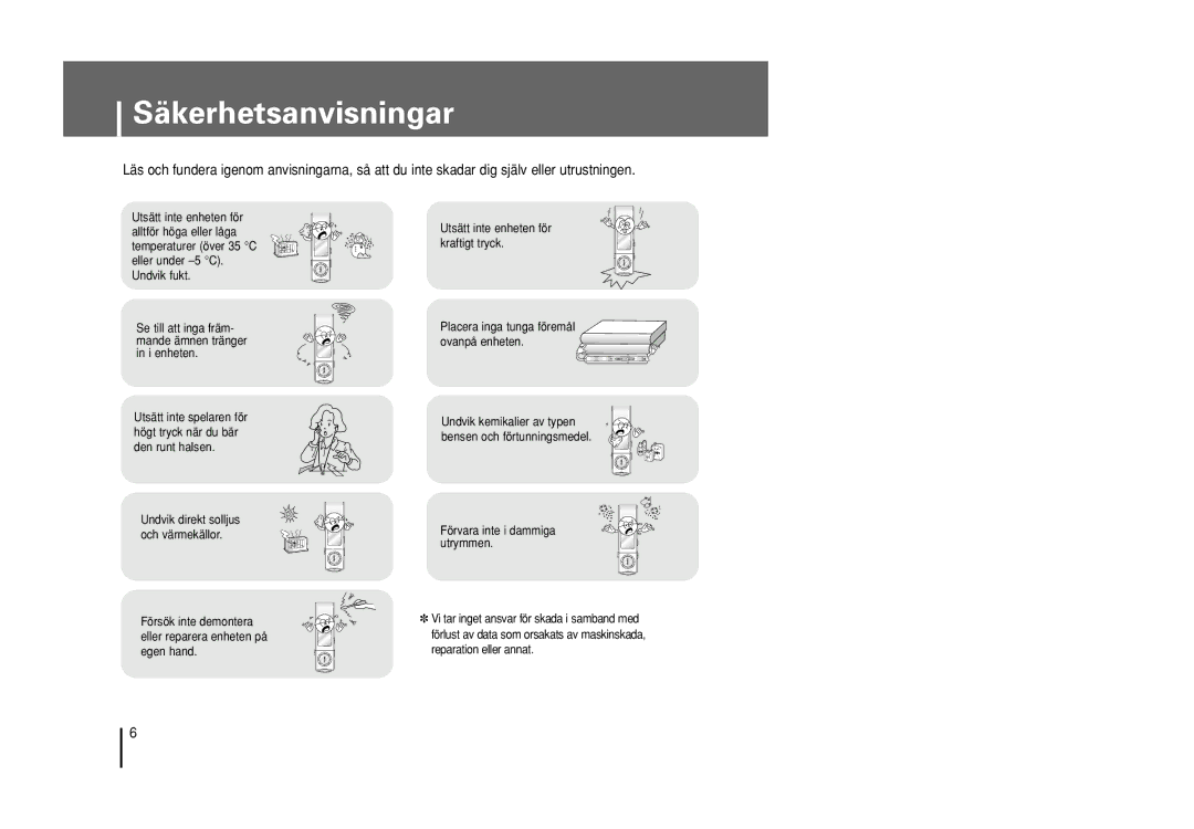 Samsung YP-U1Z/ELS, YP-U1X/ELS manual Säkerhetsanvisningar 