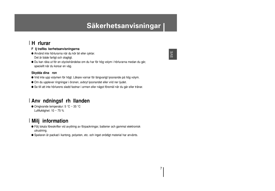 Samsung YP-U1X/ELS, YP-U1Z/ELS manual Hörlurar, Användningsförhållanden, Miljöinformation 