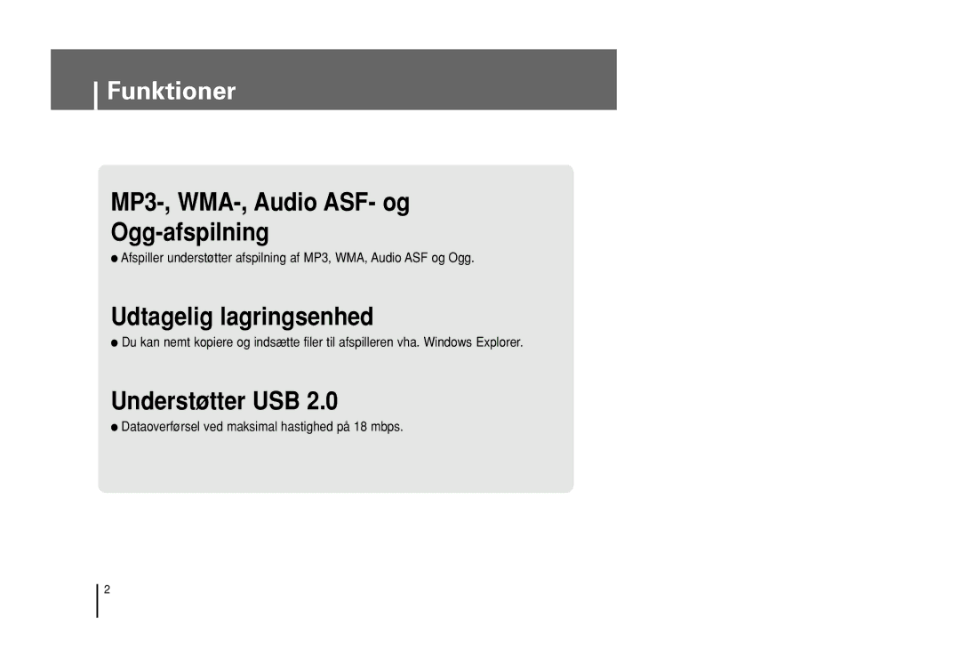 Samsung YP-U1Z/ELS, YP-U1X/ELS manual Funktioner, Dataoverførsel ved maksimal hastighed på 18 mbps 