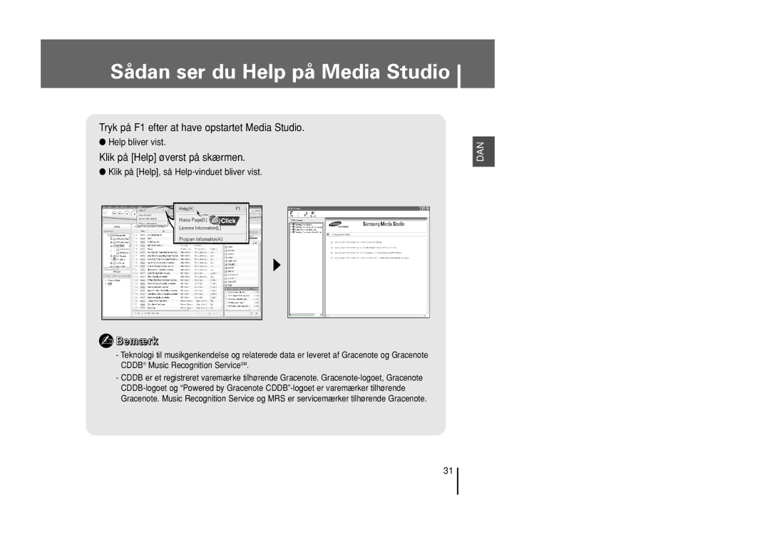 Samsung YP-U1X/ELS, YP-U1Z/ELS manual Sådan ser du Help på Media Studio, Tryk på F1 efter at have opstartet Media Studio 