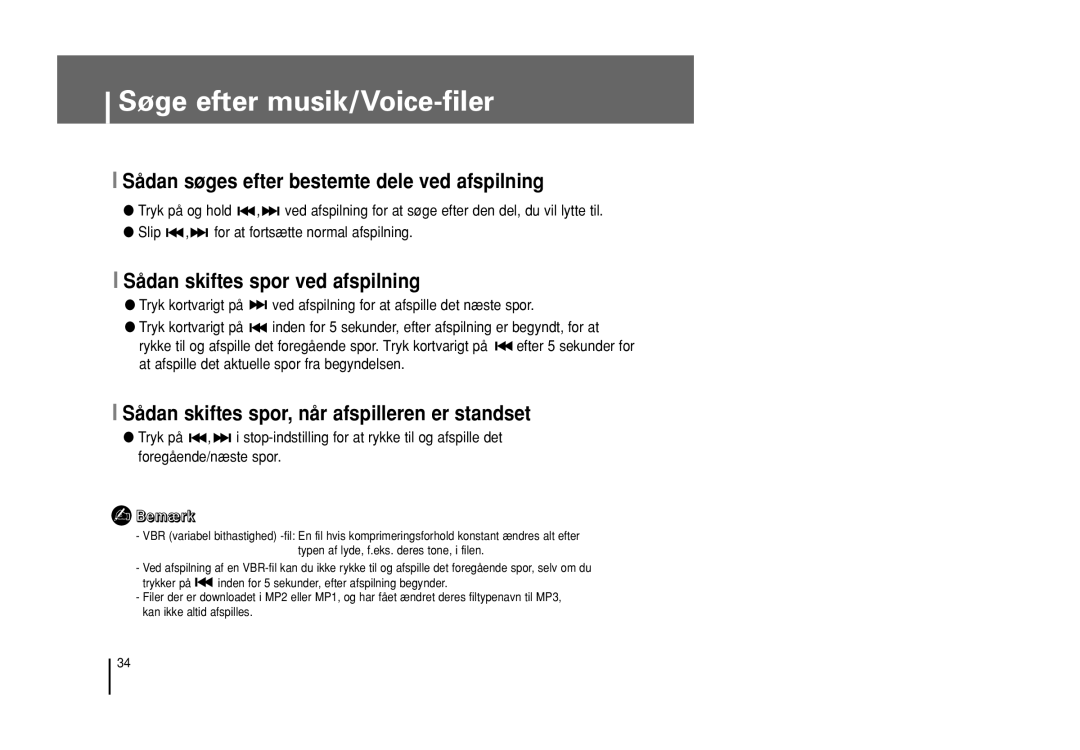 Samsung YP-U1Z/ELS, YP-U1X/ELS manual Søge efter musik/Voice-filer, Sådan søges efter bestemte dele ved afspilning 