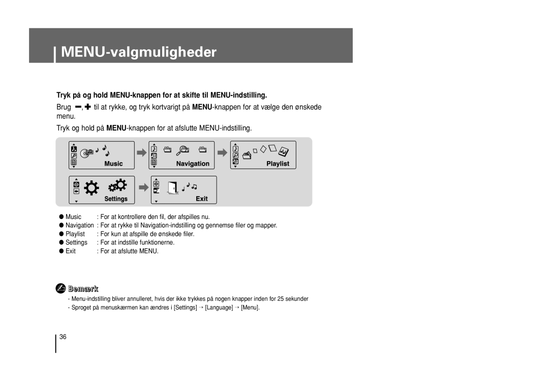 Samsung YP-U1Z/ELS, YP-U1X/ELS manual MENU-valgmuligheder 