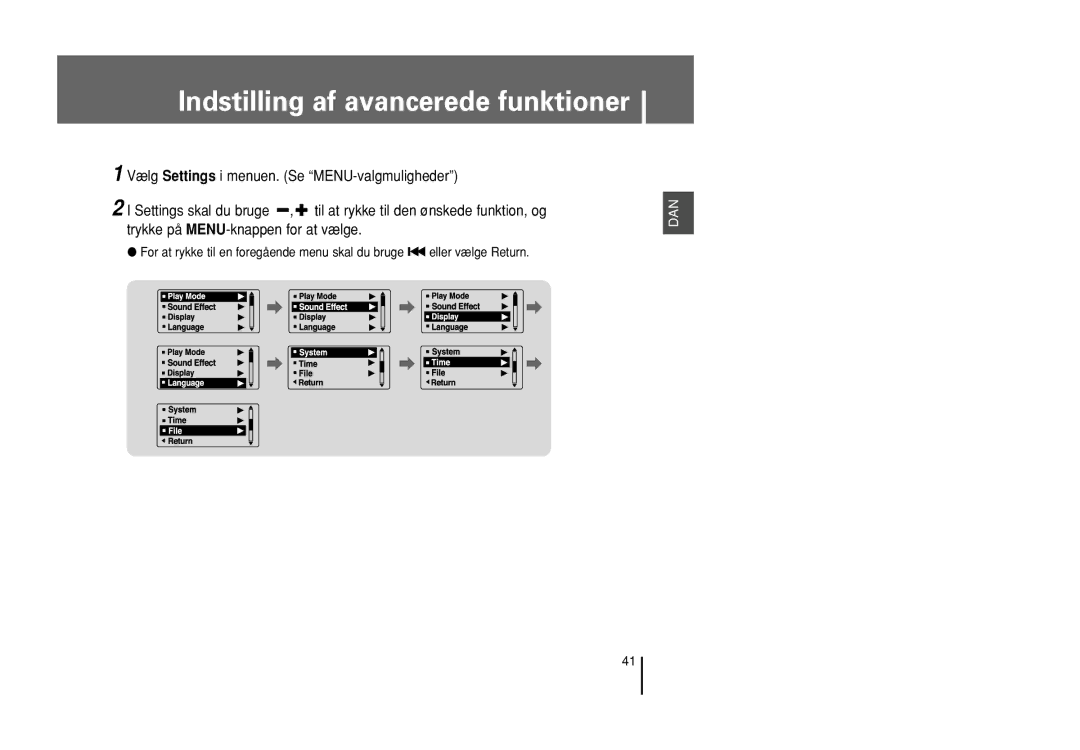 Samsung YP-U1X/ELS, YP-U1Z/ELS manual Indstilling af avancerede funktioner 