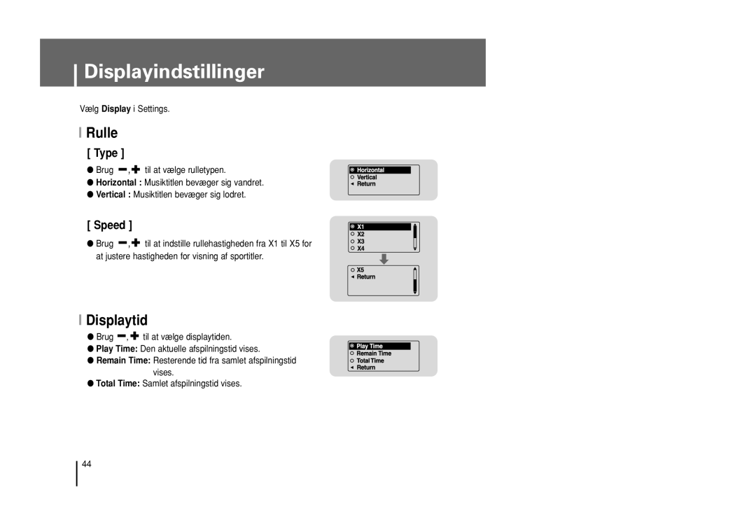 Samsung YP-U1Z/ELS, YP-U1X/ELS manual Displayindstillinger, Rulle, Displaytid 