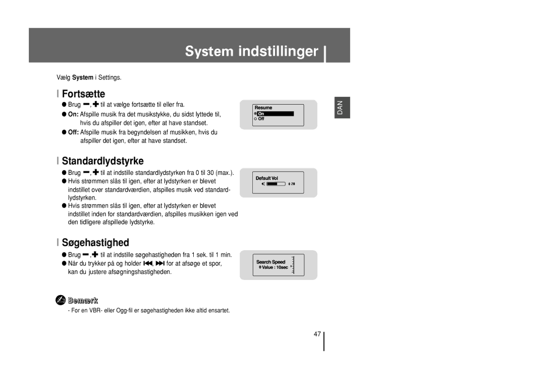 Samsung YP-U1X/ELS, YP-U1Z/ELS manual Fortsætte, Standardlydstyrke, Søgehastighed 