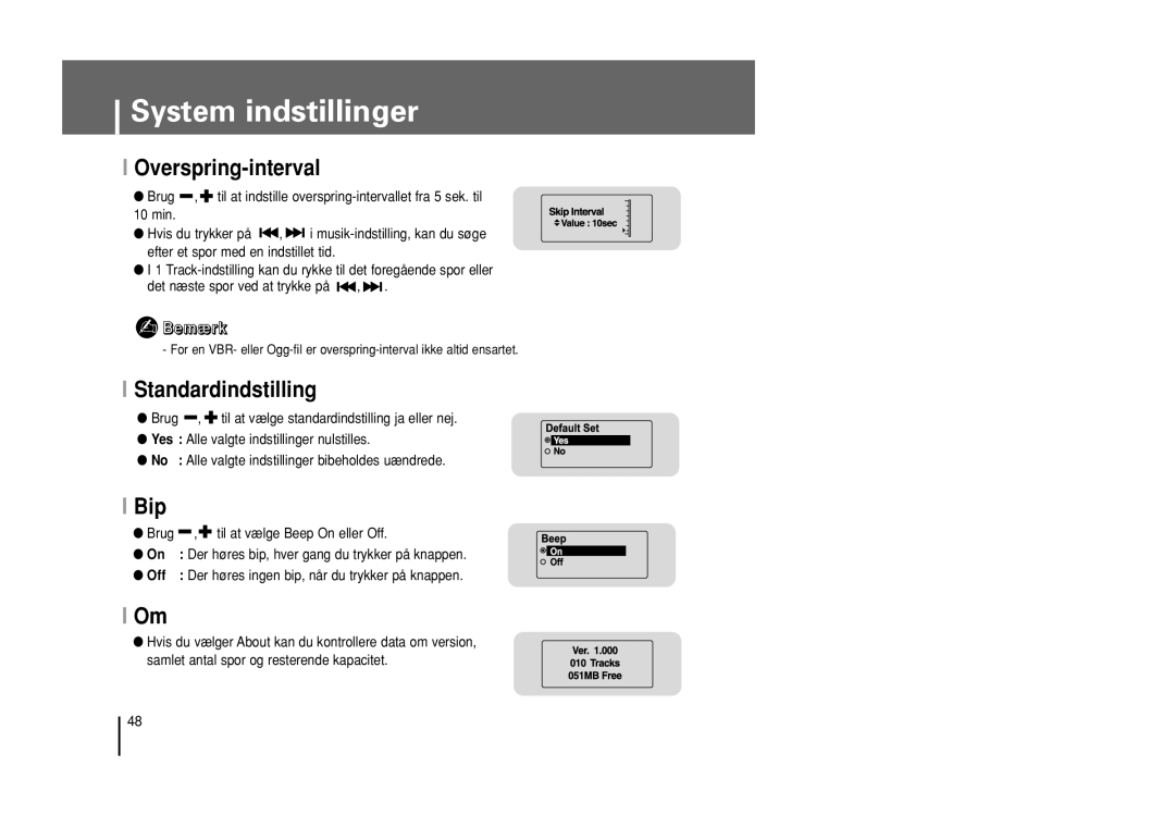 Samsung YP-U1Z/ELS, YP-U1X/ELS manual System indstillinger, Overspring-interval, Standardindstilling, Bip 