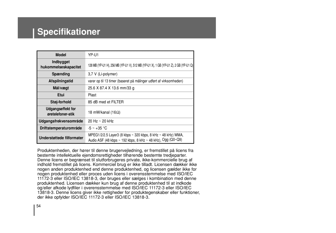 Samsung YP-U1Z/ELS, YP-U1X/ELS manual Specifikationer 