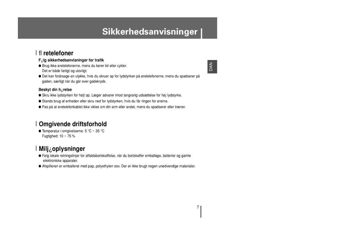 Samsung YP-U1X/ELS, YP-U1Z/ELS manual Øretelefoner, Omgivende driftsforhold, Miljøoplysninger 