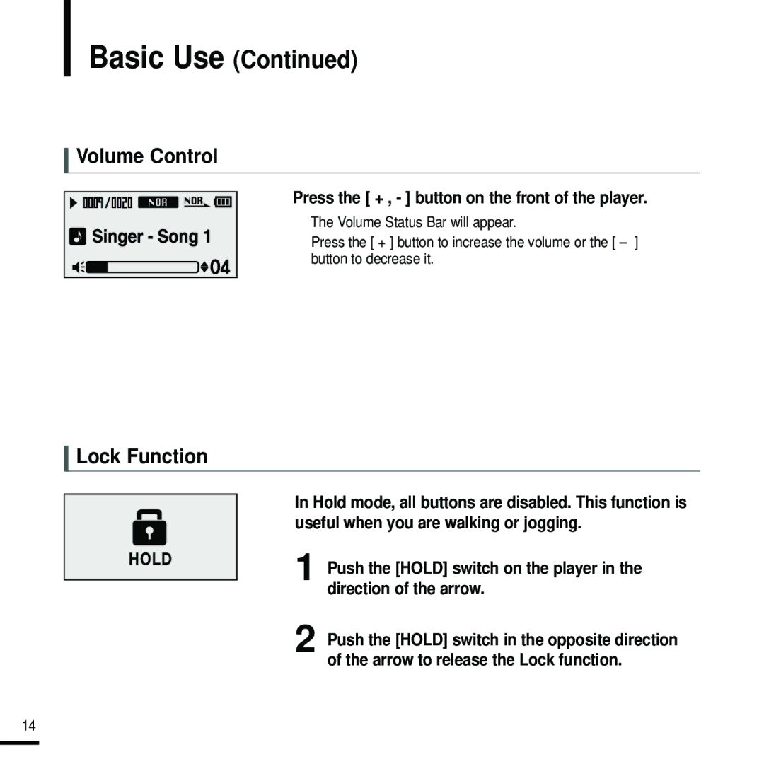 Samsung YP-U2J manual Volume Control, Lock Function, Press the + , button on the front of the player 