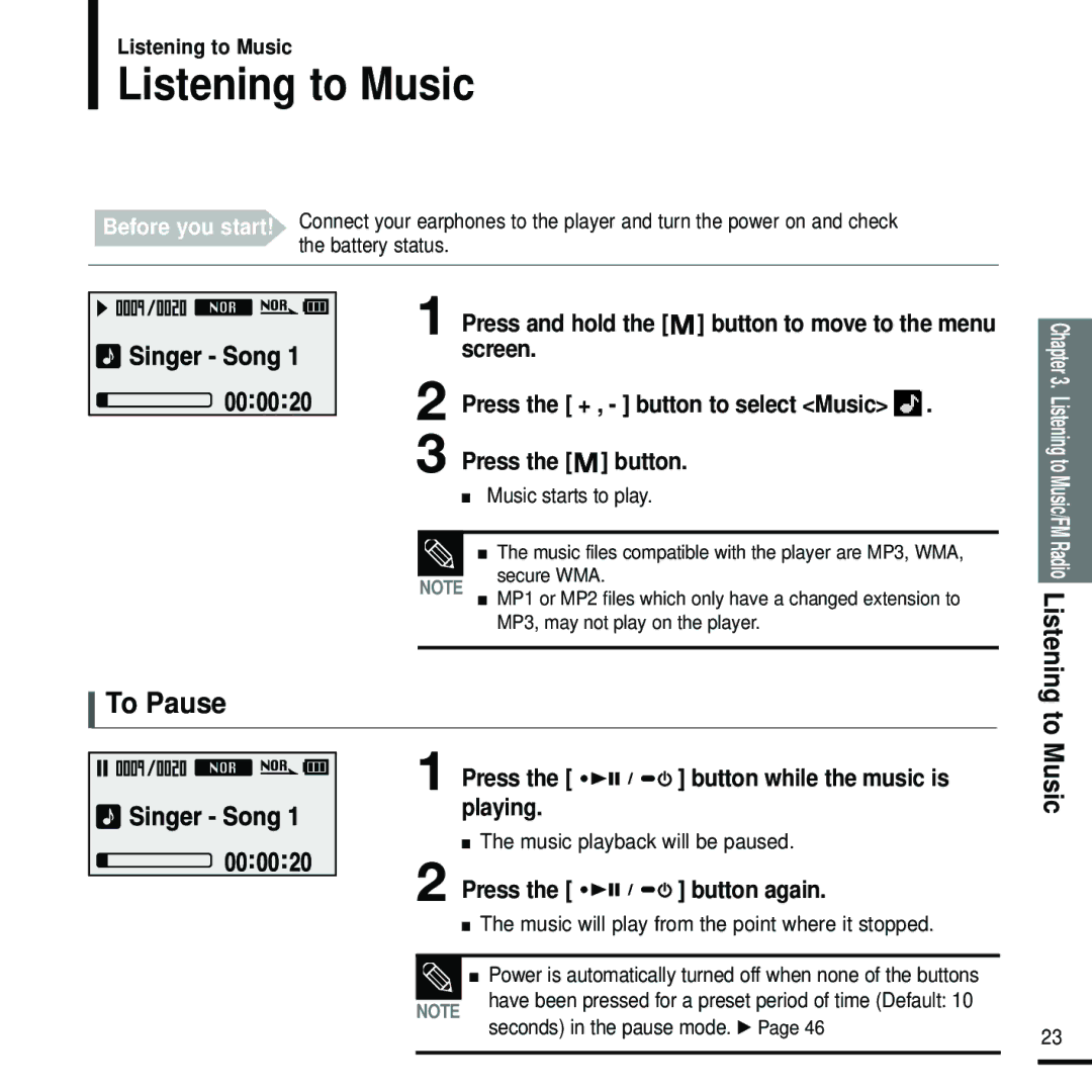 Samsung YP-U2J manual Listening to Music, To Pause, Press, Playing 