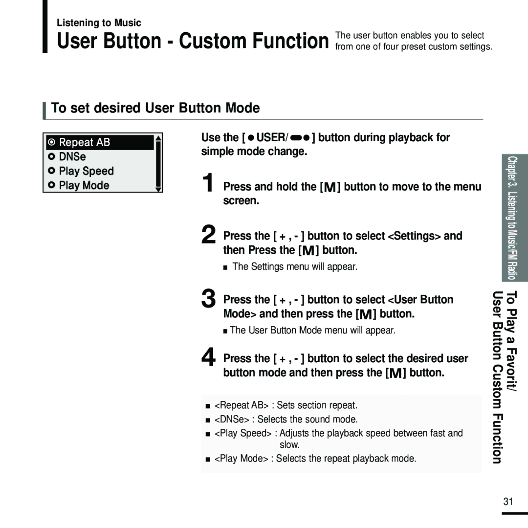 Samsung YP-U2J To set desired User Button Mode, User Button Custom To Play a Favorit Function, Settings menu will appear 