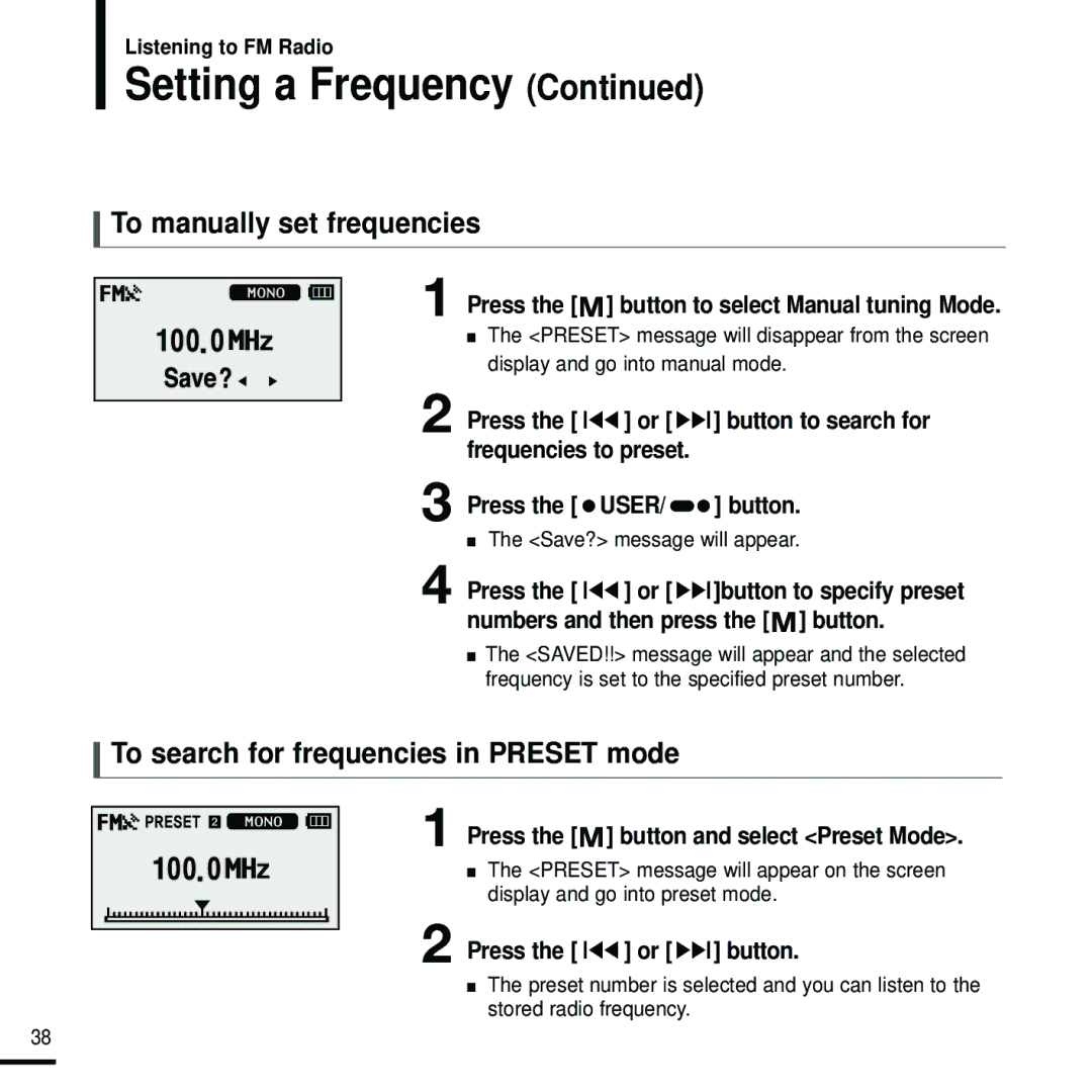 Samsung YP-U2J Setting a Frequency, To manually set frequencies, To search for frequencies in Preset mode 