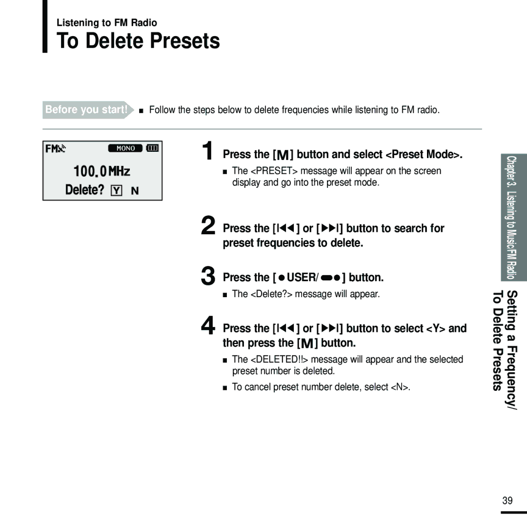 Samsung YP-U2J manual To Delete Presets, To Delete Setting a Presets Frequency, Delete? message will appear 