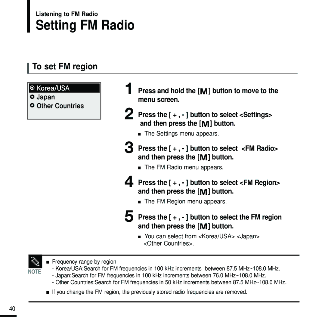 Samsung YP-U2J manual Setting FM Radio, To set FM region, FM Region menu appears 