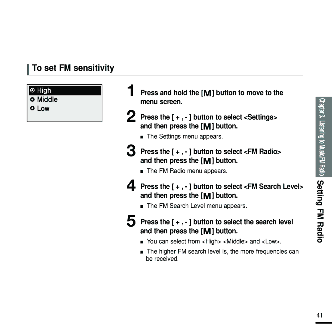 Samsung YP-U2J manual To set FM sensitivity, FM Search Level menu appears 