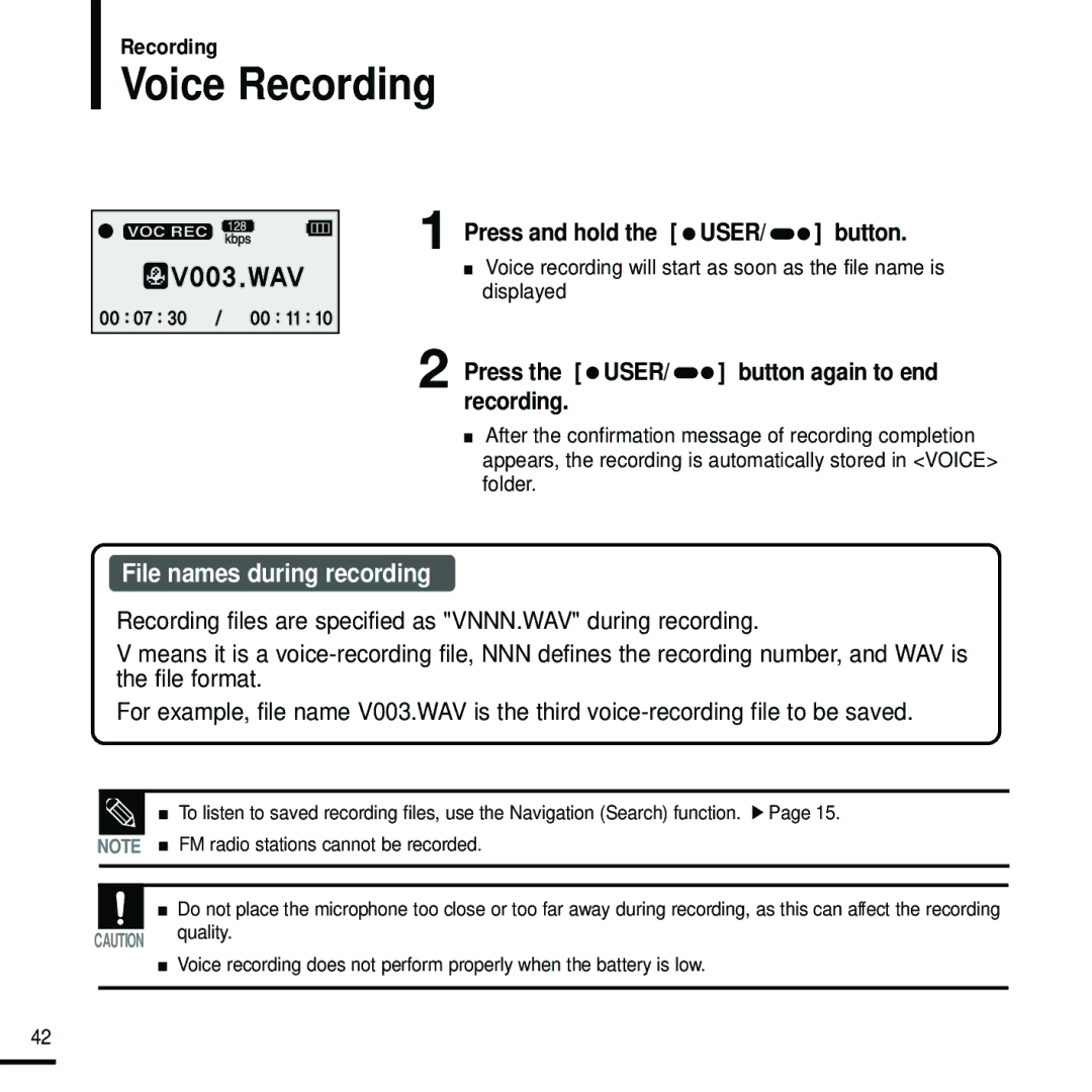 Samsung YP-U2J manual Press and hold the USER/ button, Press the USER/ button again to end recording 