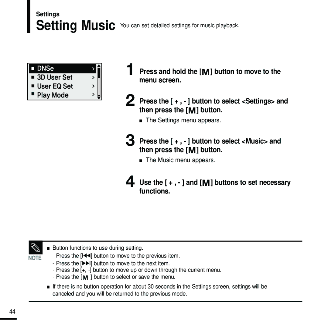 Samsung YP-U2J manual Use the + , and buttons to set necessary functions, Music menu appears 