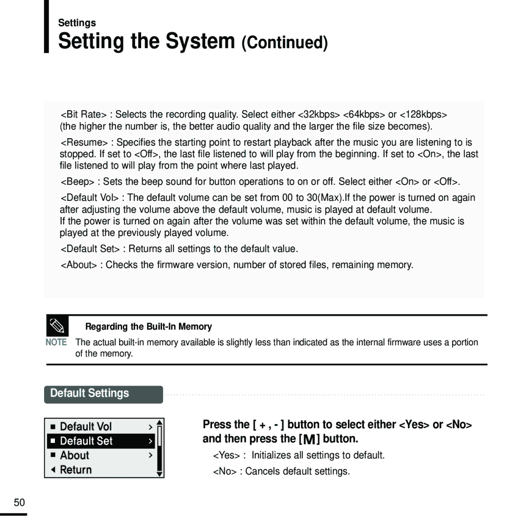 Samsung YP-U2J manual Setting the System, Default Settings 