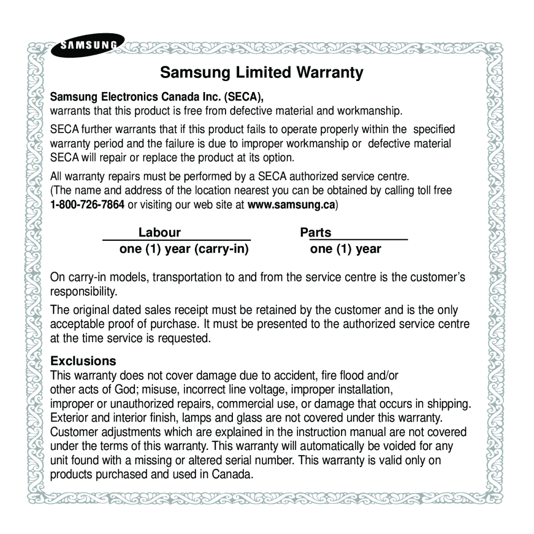 Samsung YP-U2J manual Samsung Electronics Canada Inc. Seca, One 1 year carry-in 