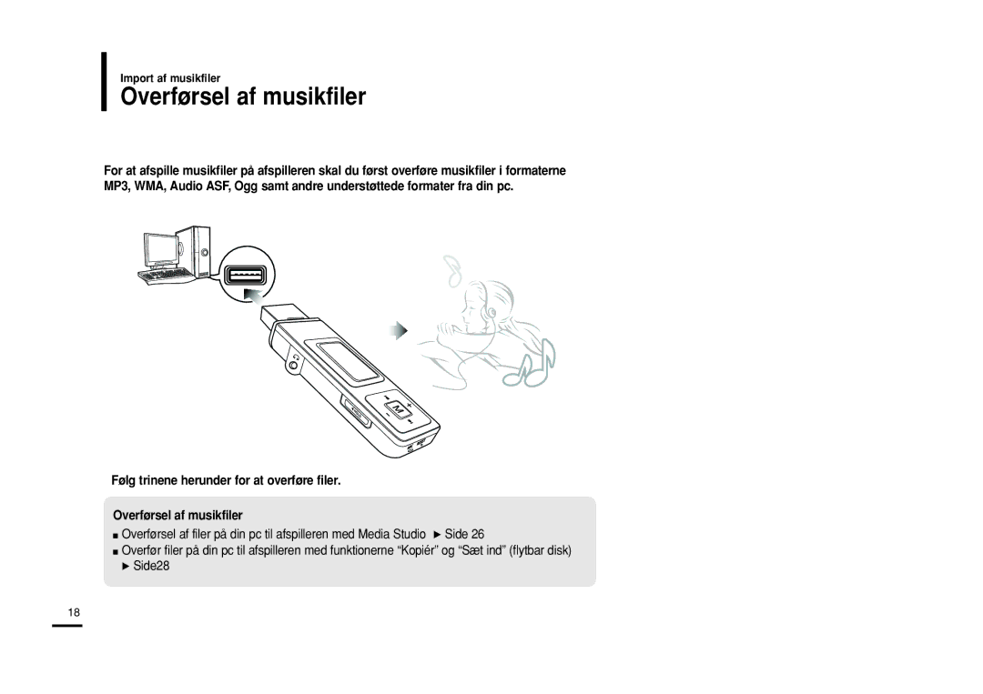 Samsung YP-U2RQB/XEE, YP-U2RXB/ELS, YP-U2ZB/ELS, YP-U2RZB/XEE manual Overførsel af musikfiler 