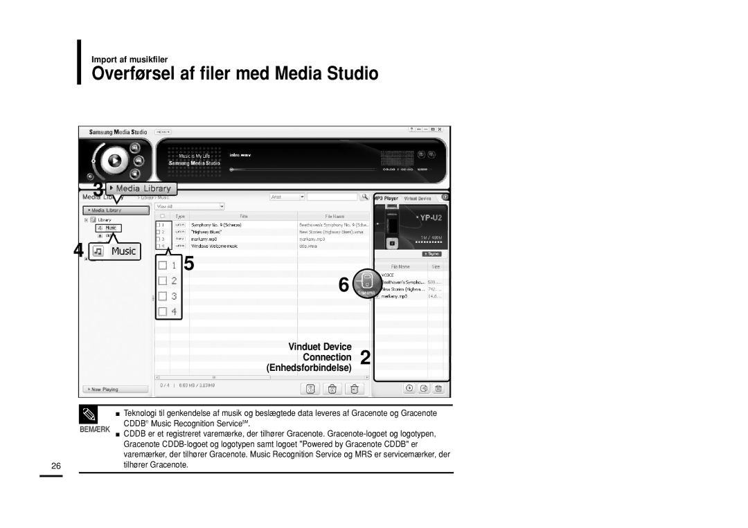 Samsung YP-U2RQB/XEE Overførsel af filer med Media Studio, Vinduet Device Connection Enhedsforbindelse, Tilhører Gracenote 