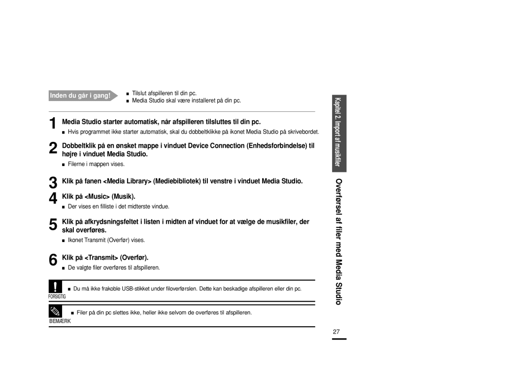 Samsung YP-U2RZB/XEE, YP-U2RXB/ELS, YP-U2ZB/ELS, YP-U2RQB/XEE manual Klik på Music Musik, Klik på Transmit Overfør 