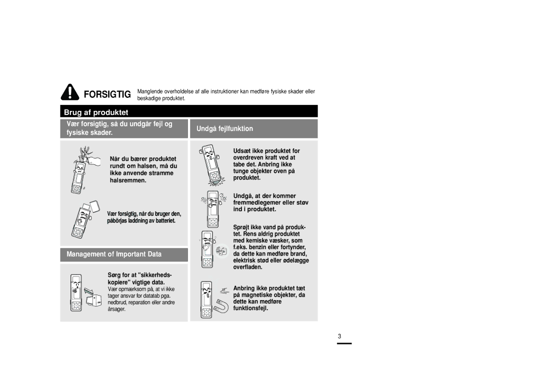 Samsung YP-U2RZB/XEE, YP-U2RXB/ELS, YP-U2ZB/ELS, YP-U2RQB/XEE manual Forsigtig 