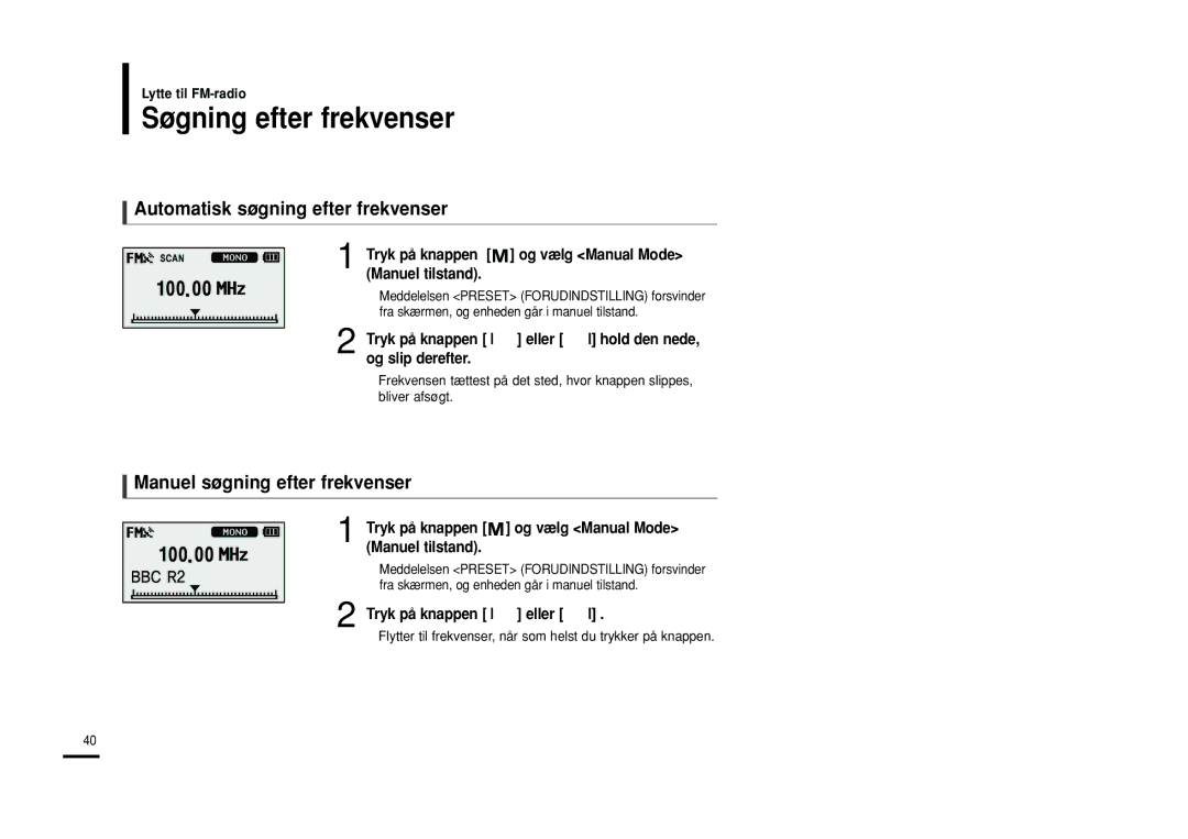 Samsung YP-U2RXB/ELS manual Søgning efter frekvenser, Automatisk søgning efter frekvenser, Manuel søgning efter frekvenser 