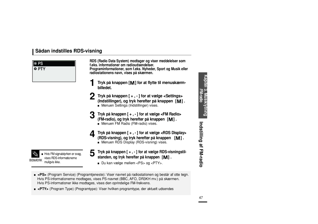 Samsung YP-U2RZB/XEE, YP-U2RXB/ELS Sådan indstilles RDS-visning, Tryk på knappen for at flytte til menuskærm- billedet 