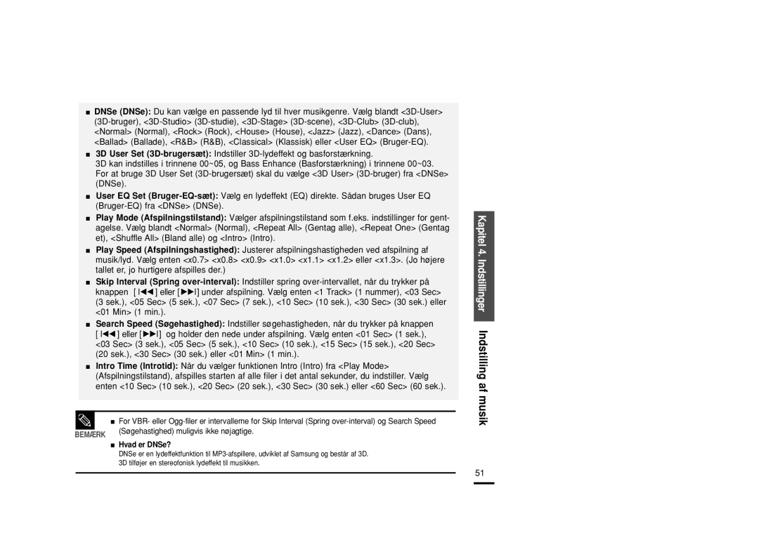 Samsung YP-U2RZB/XEE, YP-U2RXB/ELS, YP-U2ZB/ELS, YP-U2RQB/XEE manual Kapitel 4. Indstillinger Indstilling af musik 