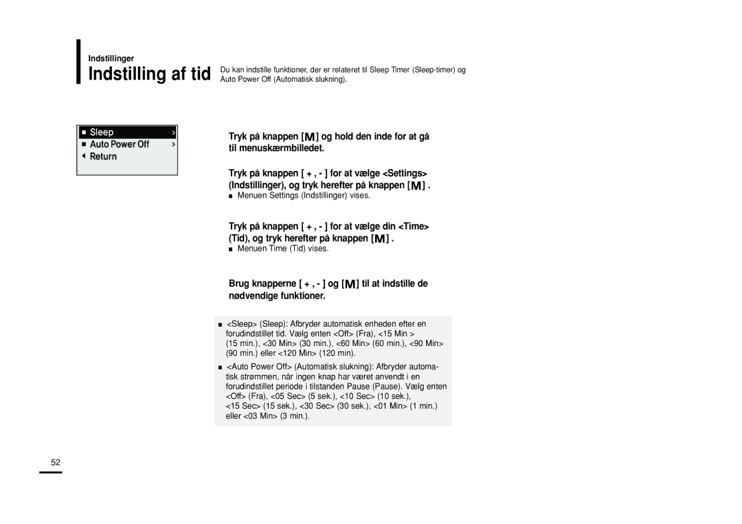 Samsung YP-U2RXB/ELS, YP-U2ZB/ELS, YP-U2RQB/XEE, YP-U2RZB/XEE manual Indstilling af tid, Menuen Time Tid vises 