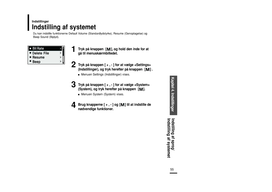 Samsung YP-U2RZB/XEE, YP-U2RXB/ELS, YP-U2ZB/ELS, YP-U2RQB/XEE manual Indstilling af systemet, Menuen System System vises 