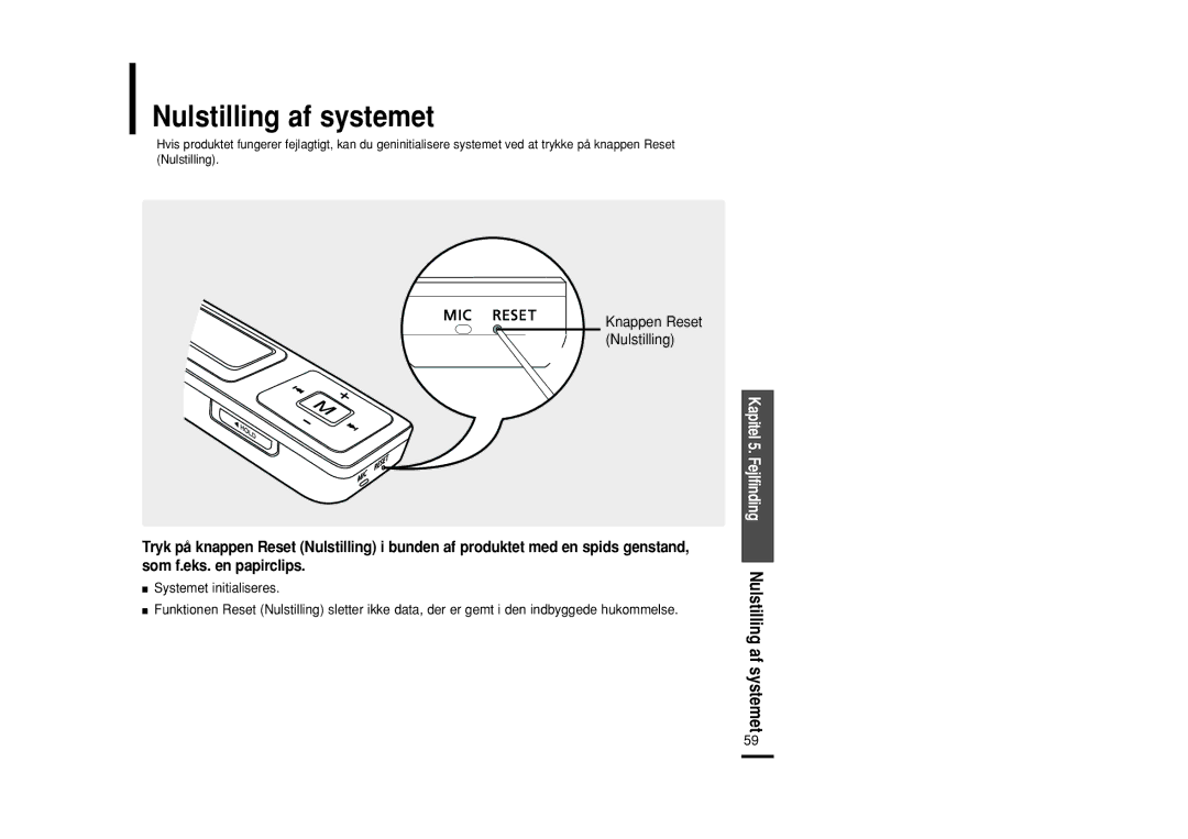 Samsung YP-U2RZB/XEE, YP-U2RXB/ELS, YP-U2ZB/ELS, YP-U2RQB/XEE manual Nulstilling af systemet, Systemet initialiseres 