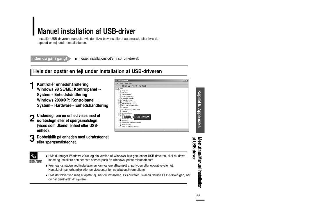 Samsung YP-U2ZB/ELS manual Manuel installation af USB-driver, Hvis der opstår en fejl under installation af USB-driveren 