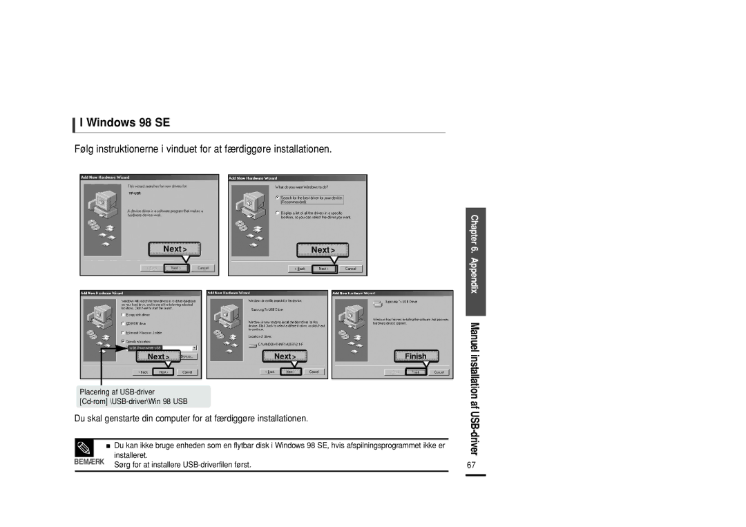 Samsung YP-U2RZB/XEE, YP-U2RXB/ELS, YP-U2ZB/ELS, YP-U2RQB/XEE manual Windows 98 SE, Appendix Manuel installation af 