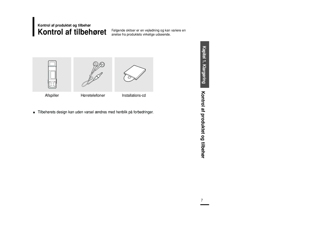 Samsung YP-U2RZB/XEE, YP-U2RXB/ELS manual Kapitel 1. Klargøring Kontrol af produktet og tilbehør, Afspiller Høretelefoner 