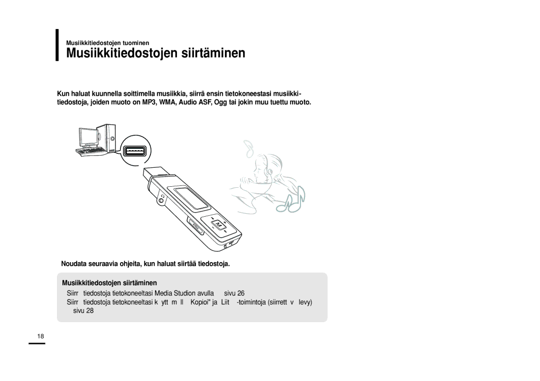 Samsung YP-U2RQB/XEE, YP-U2RXB/ELS, YP-U2ZB/ELS, YP-U2RZB/XEE manual Musiikkitiedostojen siirtäminen 