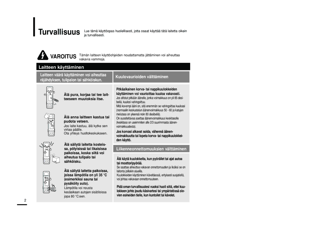 Samsung YP-U2RQB/XEE, YP-U2RXB/ELS, YP-U2ZB/ELS manual Kuulovaurioiden välttäminen, Liikenneonnettomuuksien välttäminen 