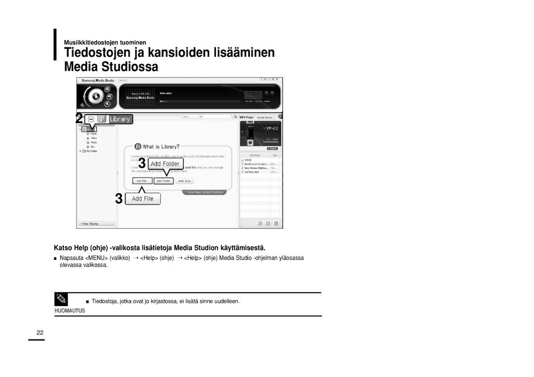 Samsung YP-U2RQB/XEE, YP-U2RXB/ELS, YP-U2ZB/ELS, YP-U2RZB/XEE manual Tiedostojen ja kansioiden lisääminen Media Studiossa 