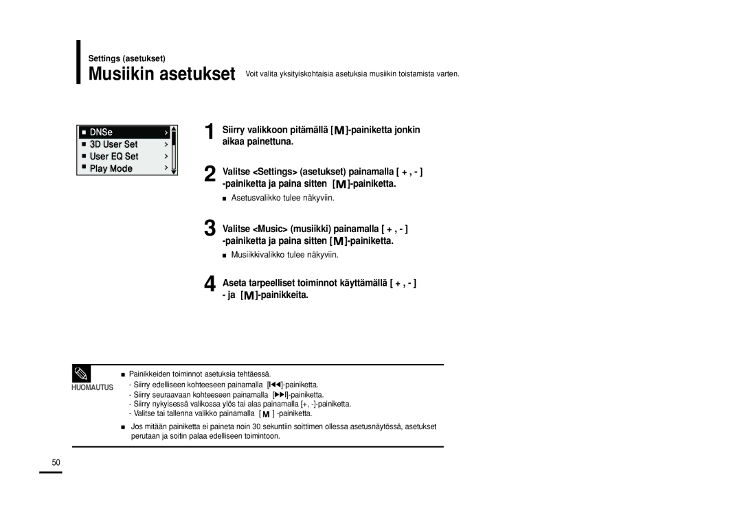 Samsung YP-U2RQB/XEE manual Aseta tarpeelliset toiminnot käyttämällä + , ja -painikkeita, Musiikkivalikko tulee näkyviin 