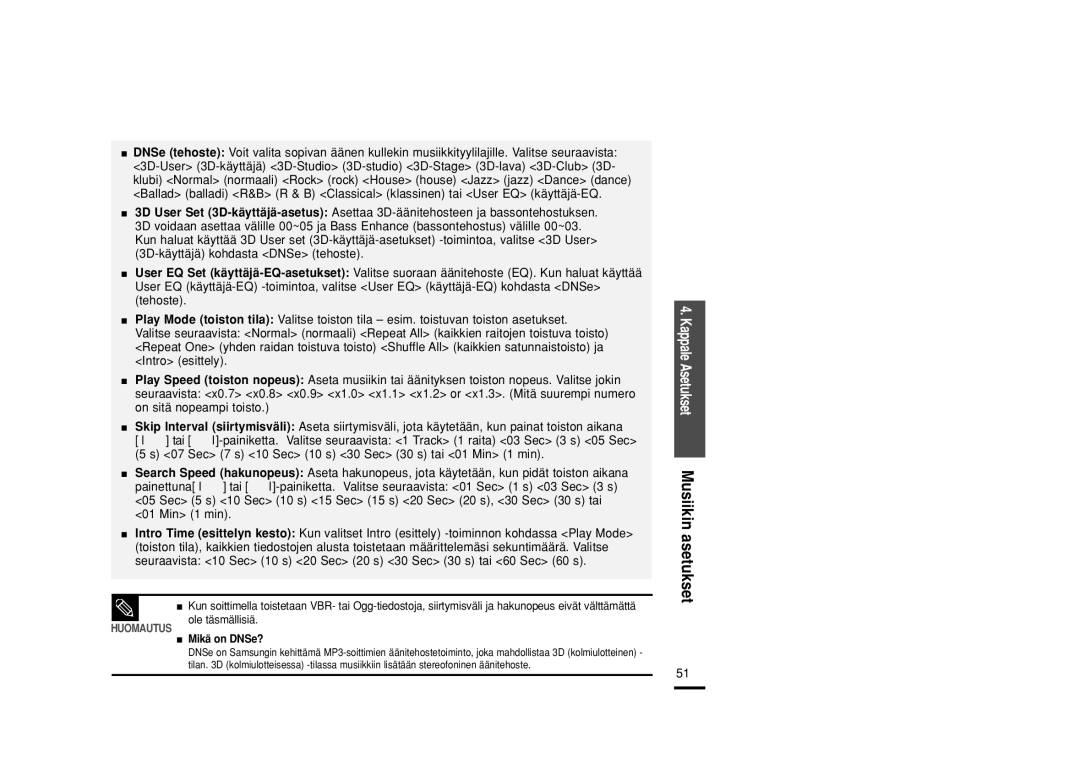 Samsung YP-U2RZB/XEE, YP-U2RXB/ELS, YP-U2ZB/ELS, YP-U2RQB/XEE manual Kappale AsetuksetMusiikin asetukset 