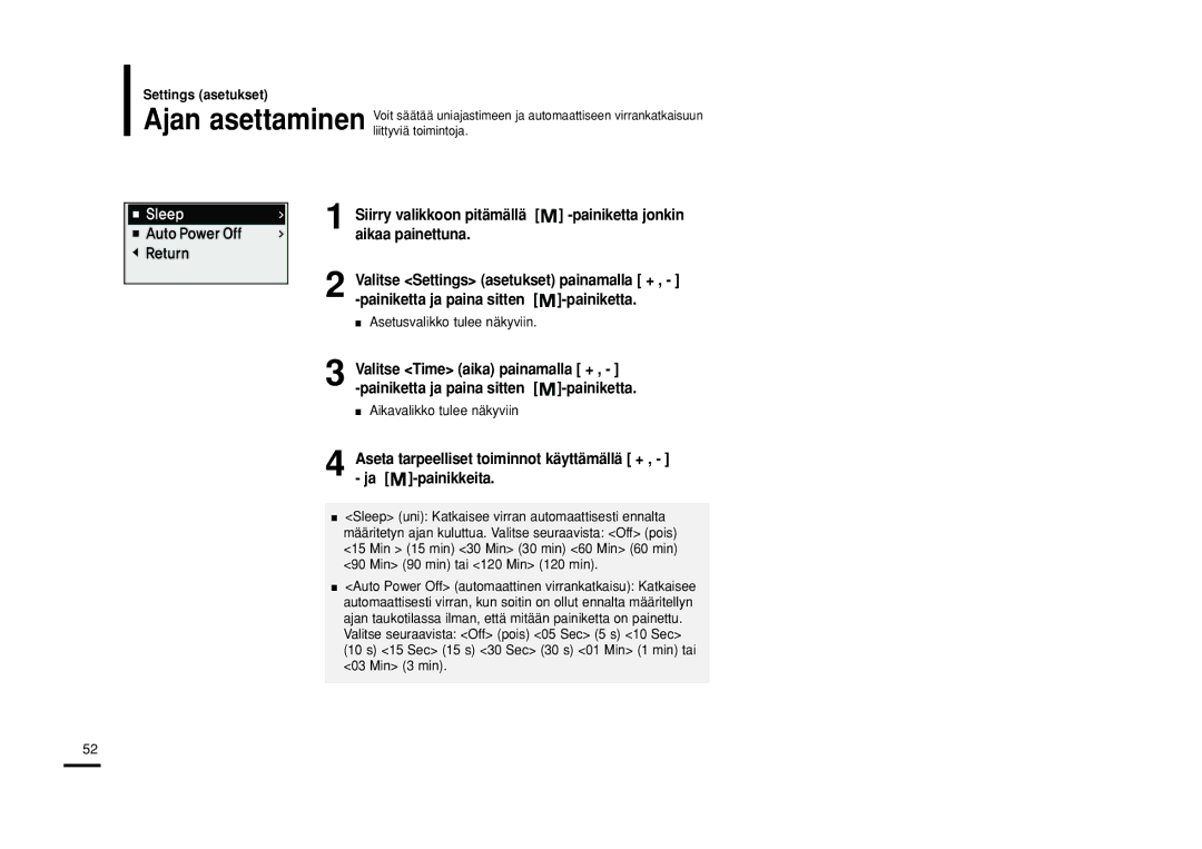 Samsung YP-U2RXB/ELS, YP-U2ZB/ELS, YP-U2RQB/XEE, YP-U2RZB/XEE manual Ajan asettaminen, Aikavalikko tulee näkyviin 