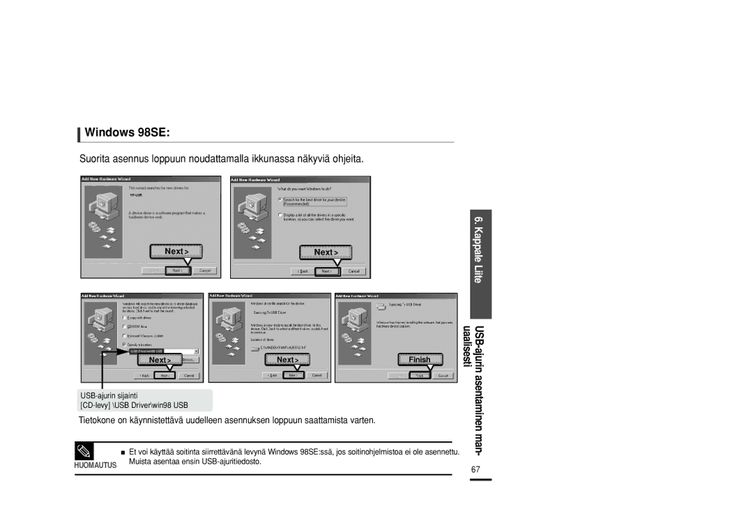 Samsung YP-U2RZB/XEE, YP-U2RXB/ELS, YP-U2ZB/ELS, YP-U2RQB/XEE manual Windows 98SE, Kappale Liite, Man 